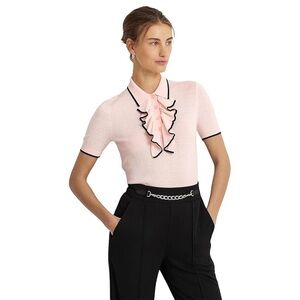 LAUREN Ralph Lauren Two-Tone Ruffle-Trim Polo Sweater (Pink Opal/Black)